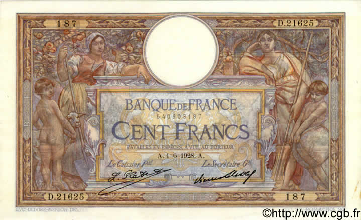 100 Francs LUC OLIVIER MERSON grands cartouches FRANKREICH  1928 F.24.07 VZ+