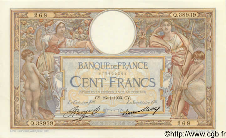 100 Francs LUC OLIVIER MERSON grands cartouches FRANCIA  1933 F.24.12 SC+