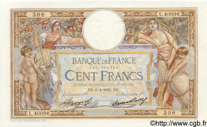 100 Francs LUC OLIVIER MERSON grands cartouches FRANCIA  1933 F.24.12 MBC+ a EBC
