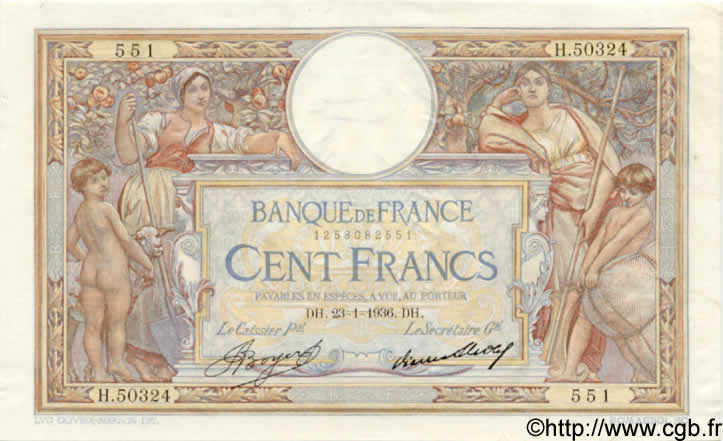 100 Francs LUC OLIVIER MERSON grands cartouches FRANCIA  1936 F.24.15 q.AU