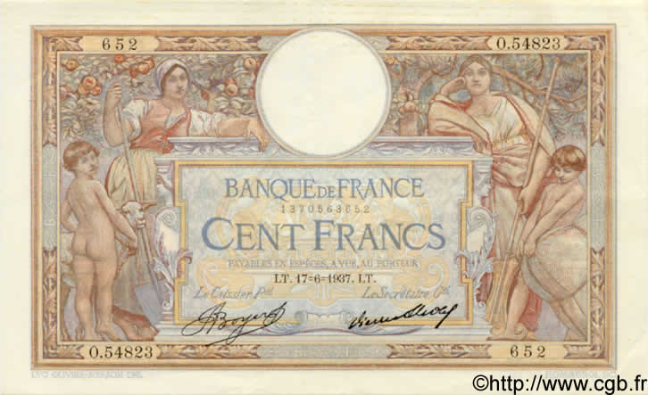 100 Francs LUC OLIVIER MERSON grands cartouches FRANKREICH  1937 F.24.16 VZ