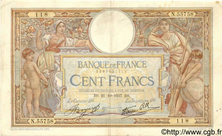 100 Francs LUC OLIVIER MERSON type modifié FRANKREICH  1937 F.25.03 S