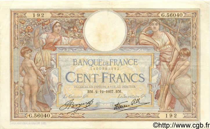 100 Francs LUC OLIVIER MERSON type modifié FRANCIA  1937 F.25.04 MBC