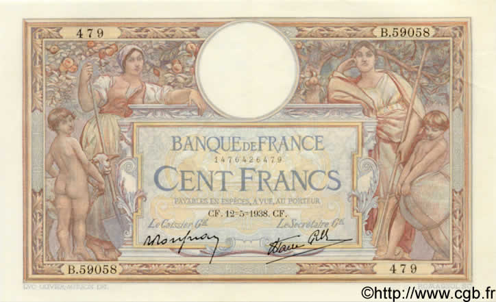 100 Francs LUC OLIVIER MERSON type modifié FRANCE  1938 F.25.18 XF+