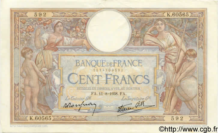 100 Francs LUC OLIVIER MERSON type modifié FRANCE  1938 F.25.28 AU