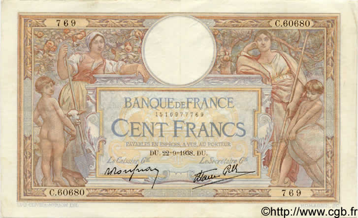 100 Francs LUC OLIVIER MERSON type modifié FRANCIA  1938 F.25.29 MBC+