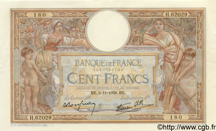 100 Francs LUC OLIVIER MERSON type modifié FRANCIA  1938 F.25.34 SPL+