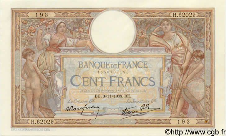 100 Francs LUC OLIVIER MERSON type modifié FRANCIA  1938 F.25.34 EBC+