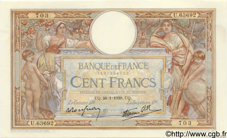 100 Francs LUC OLIVIER MERSON type modifié FRANKREICH  1939 F.25.40 VZ to fST