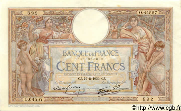 100 Francs LUC OLIVIER MERSON type modifié FRANCIA  1939 F.25.43 q.AU