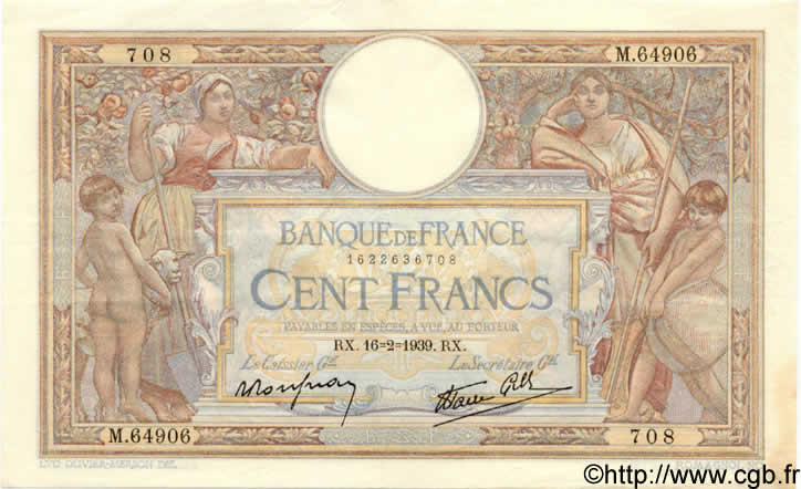 100 Francs LUC OLIVIER MERSON type modifié FRANCIA  1939 F.25.43 SPL