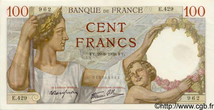 100 Francs SULLY FRANKREICH  1939 F.26.04 VZ+
