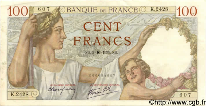 100 Francs SULLY FRANCE  1939 F.26.09 XF