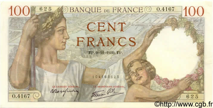 100 Francs SULLY FRANCIA  1939 F.26.14 EBC