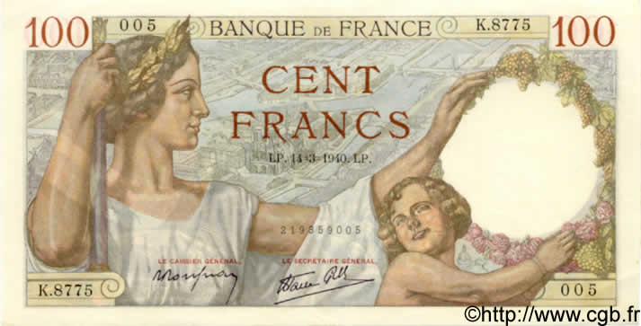 100 Francs SULLY FRANCIA  1940 F.26.25 q.FDC
