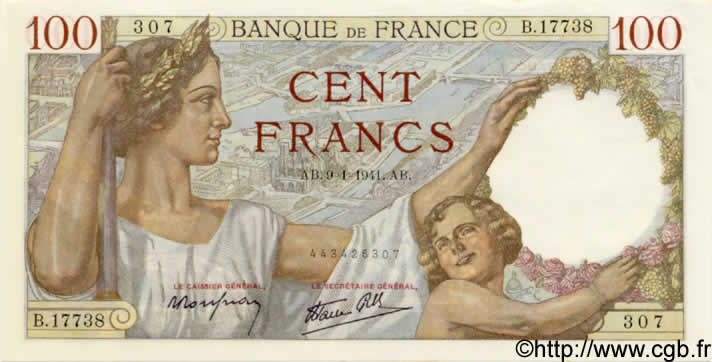 100 Francs SULLY FRANCE  1941 F.26.44 NEUF