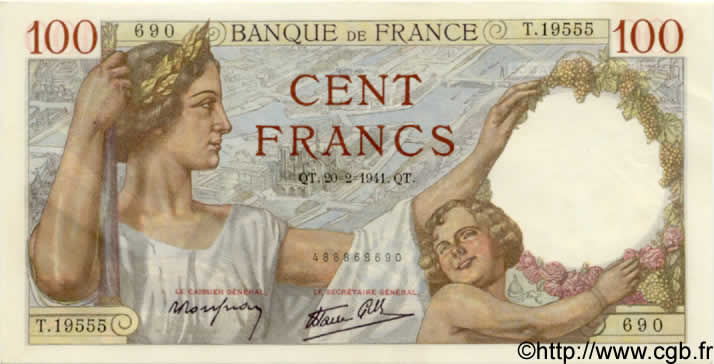 100 Francs SULLY FRANCE  1941 F.26.47 AU