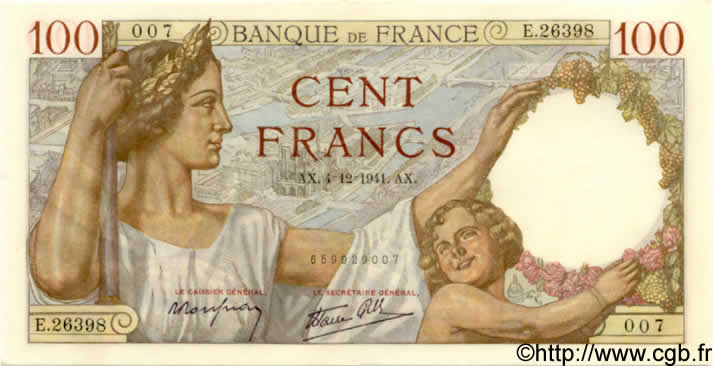 100 Francs SULLY FRANCE  1941 F.26.62 AU+