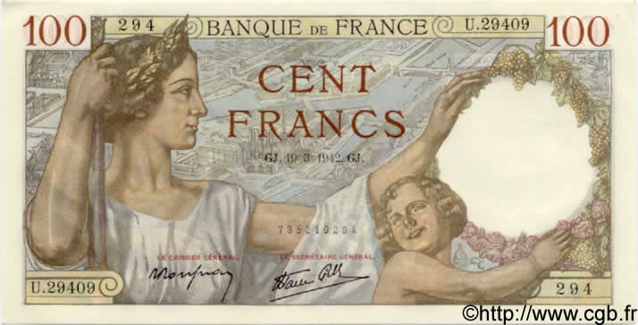 100 Francs SULLY FRANCE  1942 F.26.68 UNC-