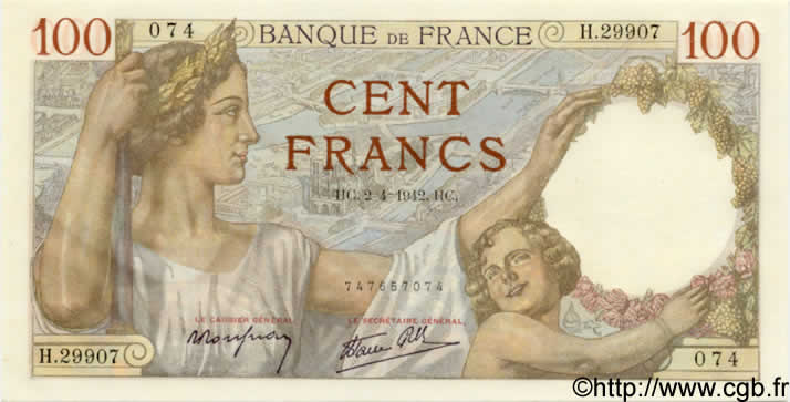 100 Francs SULLY FRANCIA  1942 F.26.69 FDC