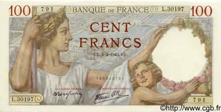 100 Francs SULLY FRANCE  1942 F.26.69 UNC