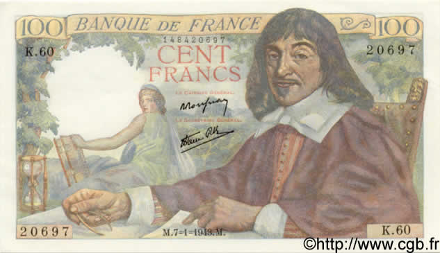 100 Francs DESCARTES FRANCIA  1943 F.27.03 SC