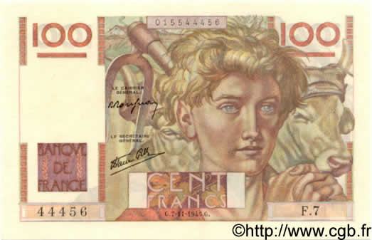 100 Francs JEUNE PAYSAN FRANCE  1945 F.28.01 AU