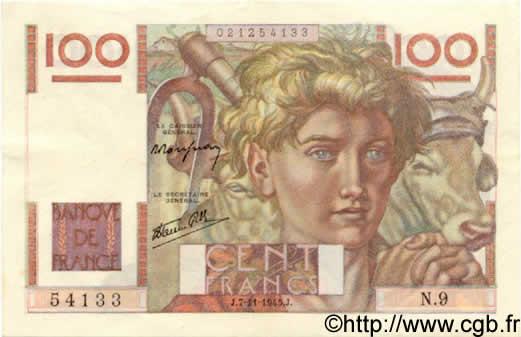 100 Francs JEUNE PAYSAN FRANKREICH  1945 F.28.01 VZ+