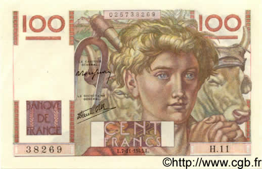 100 Francs JEUNE PAYSAN FRANCIA  1945 F.28.01 AU