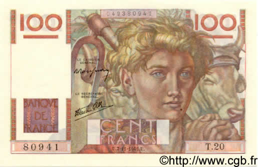 100 Francs JEUNE PAYSAN FRANCIA  1945 F.28.01 FDC