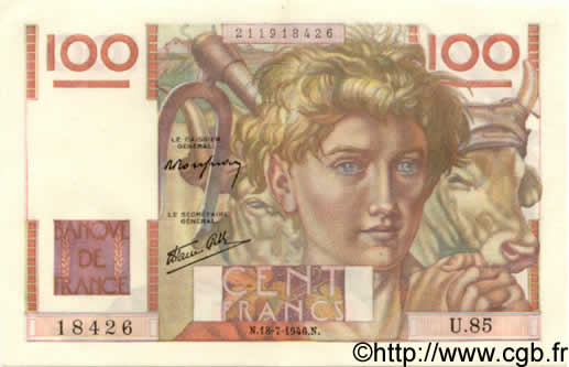 100 Francs JEUNE PAYSAN FRANKREICH  1946 F.28.07 fST