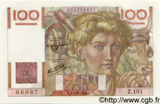 100 Francs JEUNE PAYSAN FRANCE  1946 F.28.09 UNC-