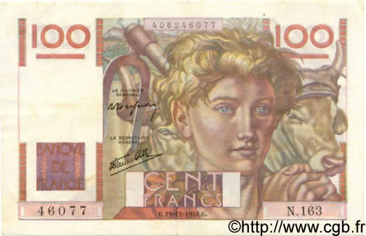 100 Francs JEUNE PAYSAN FRANCE  1946 F.28.12 VF
