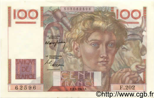 100 Francs JEUNE PAYSAN FRANCIA  1947 F.28.14 SC+
