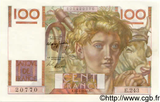 100 Francs JEUNE PAYSAN FRANCE  1948 F.28.17 UNC
