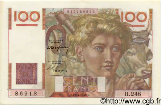 100 Francs JEUNE PAYSAN FRANKREICH  1948 F.28.18 VZ to fST