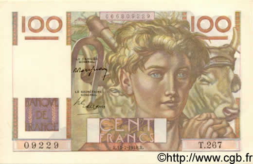 100 Francs JEUNE PAYSAN FRANCE  1948 F.28.19 UNC-