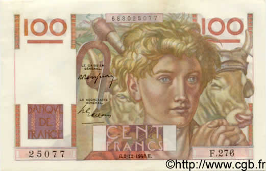 100 Francs JEUNE PAYSAN FRANCIA  1948 F.28.20 q.AU