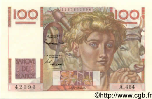 100 Francs JEUNE PAYSAN FRANCE  1952 F.28.33 UNC