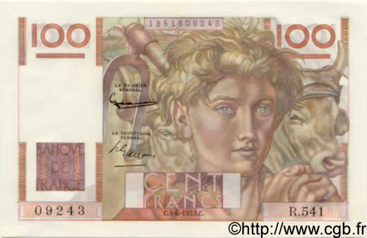 100 Francs JEUNE PAYSAN FRANCIA  1953 F.28.37 FDC