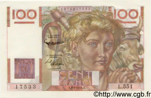 100 Francs JEUNE PAYSAN FRANCE  1953 F.28.38 UNC