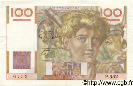 100 Francs JEUNE PAYSAN FRANCE  1953 F.28.38 VF