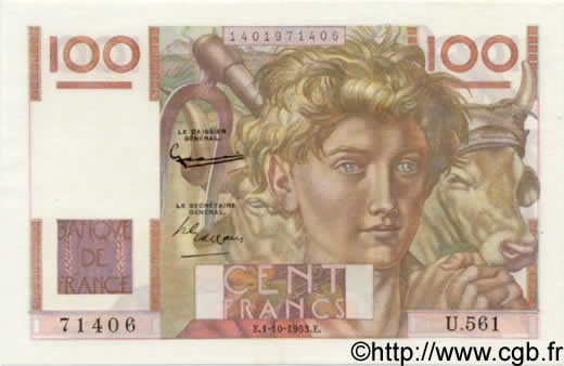 100 Francs JEUNE PAYSAN FRANCE  1953 F.28.39 AU