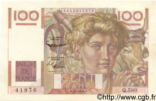 100 Francs JEUNE PAYSAN FRANCE  1954 F.28.41 pr.SPL