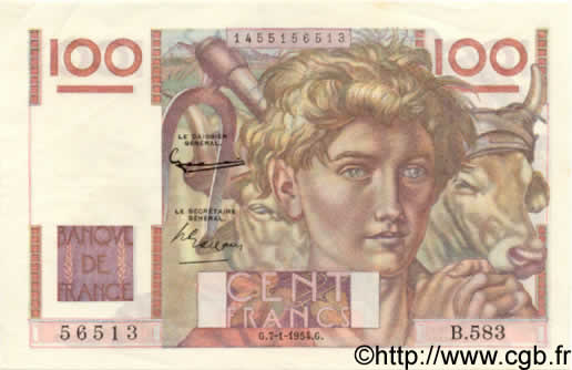 100 Francs JEUNE PAYSAN FRANCE  1954 F.28.41 XF+