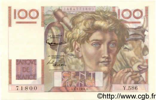100 Francs JEUNE PAYSAN FRANCE  1954 F.28.42 pr.SPL
