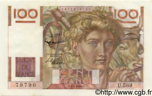 100 Francs JEUNE PAYSAN FRANCIA  1954 F.28.42 SC