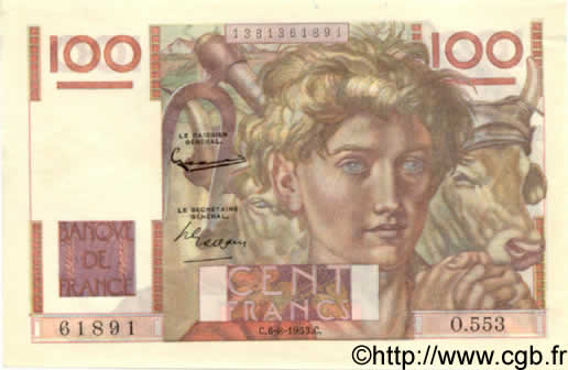 100 Francs JEUNE PAYSAN filigrane inversé FRANKREICH  1953 F.28bis.02 fST