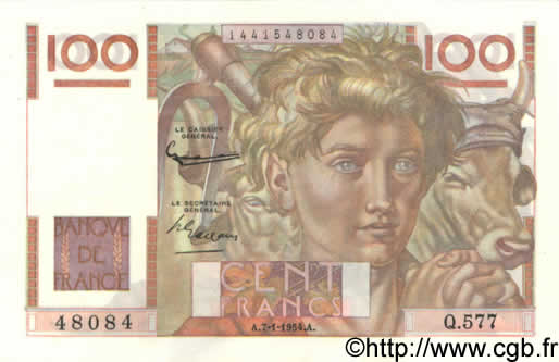 100 Francs JEUNE PAYSAN filigrane inversé FRANCIA  1954 F.28bis.04 AU