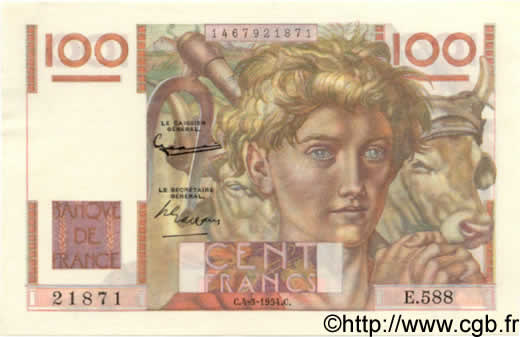 100 Francs JEUNE PAYSAN filigrane inversé FRANCE  1954 F.28bis.05 AU+